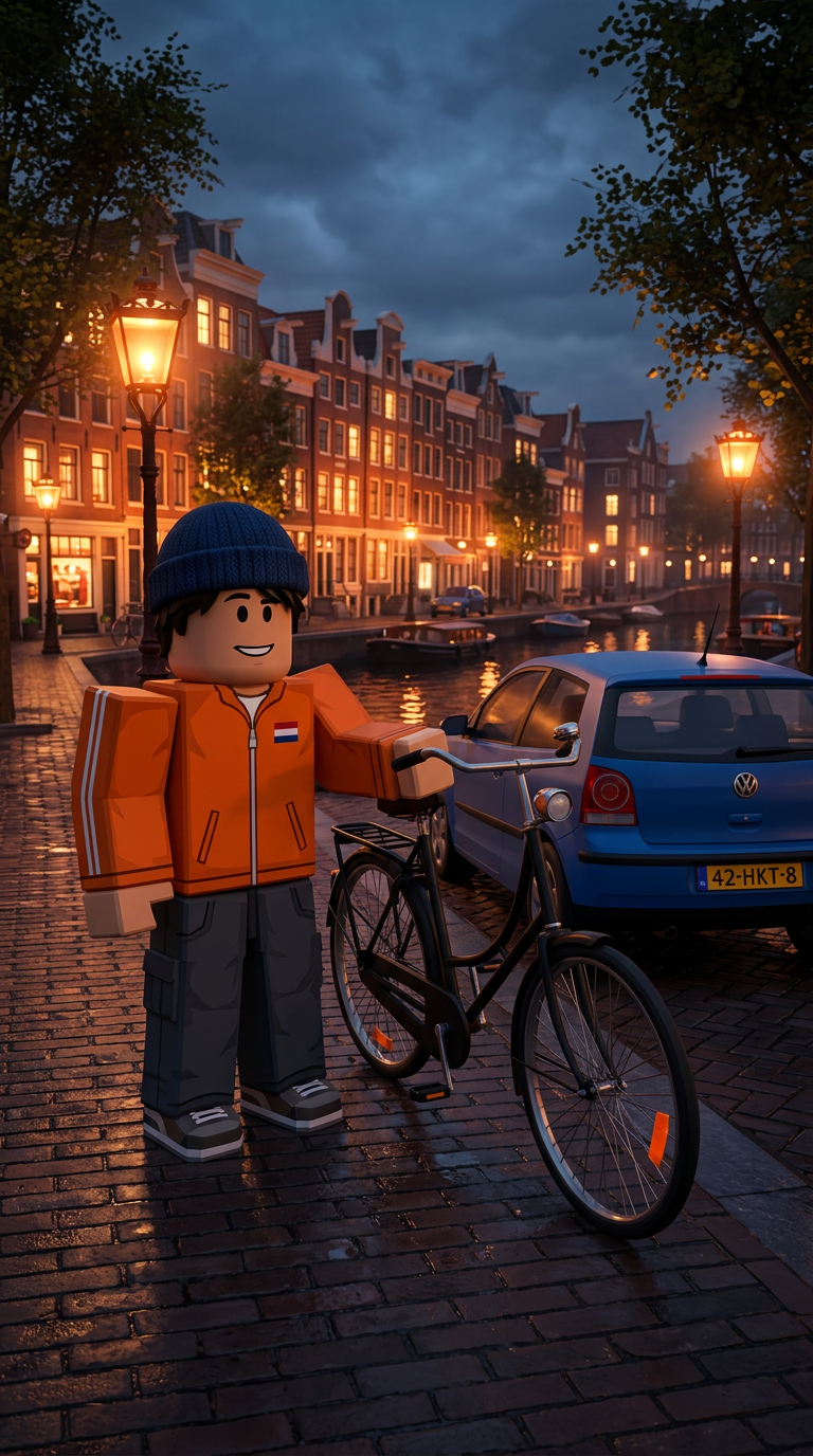 Roblox-burger naast een fiets in een Nederlandse straat