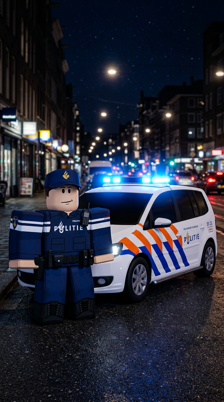 Roblox-politieagent naast een Nederlandse politieauto